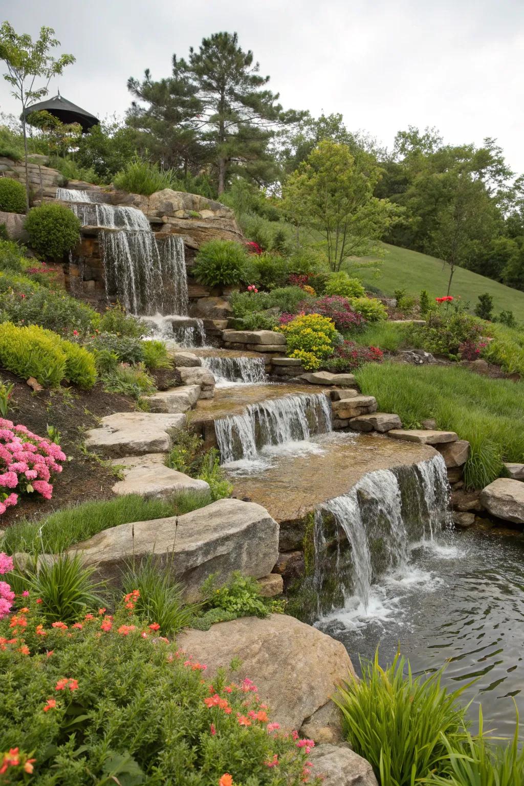 A cascade on a slope injects dynamic interest into your garden.