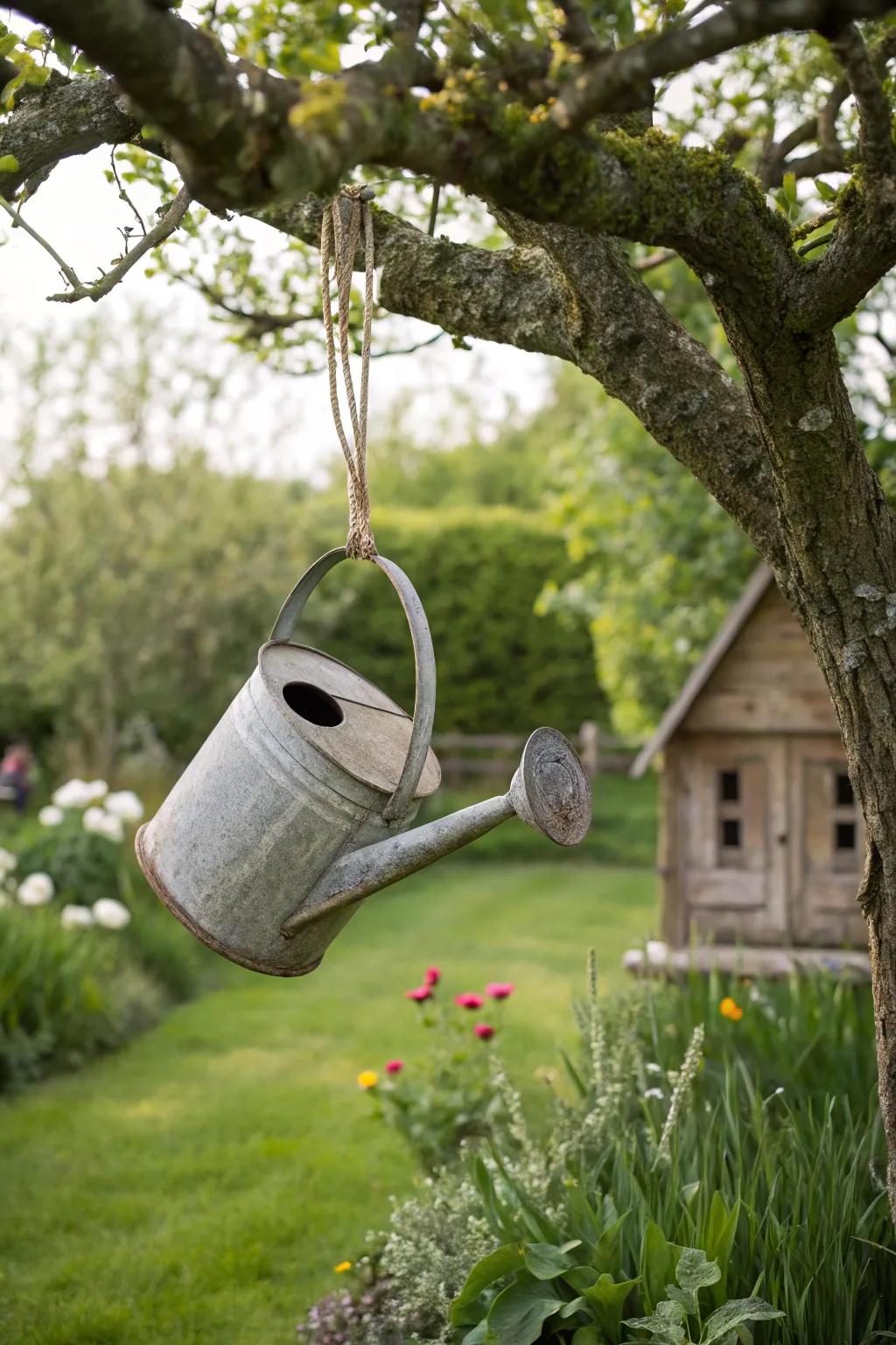 A quaint avian abode fashioned from a watering can.