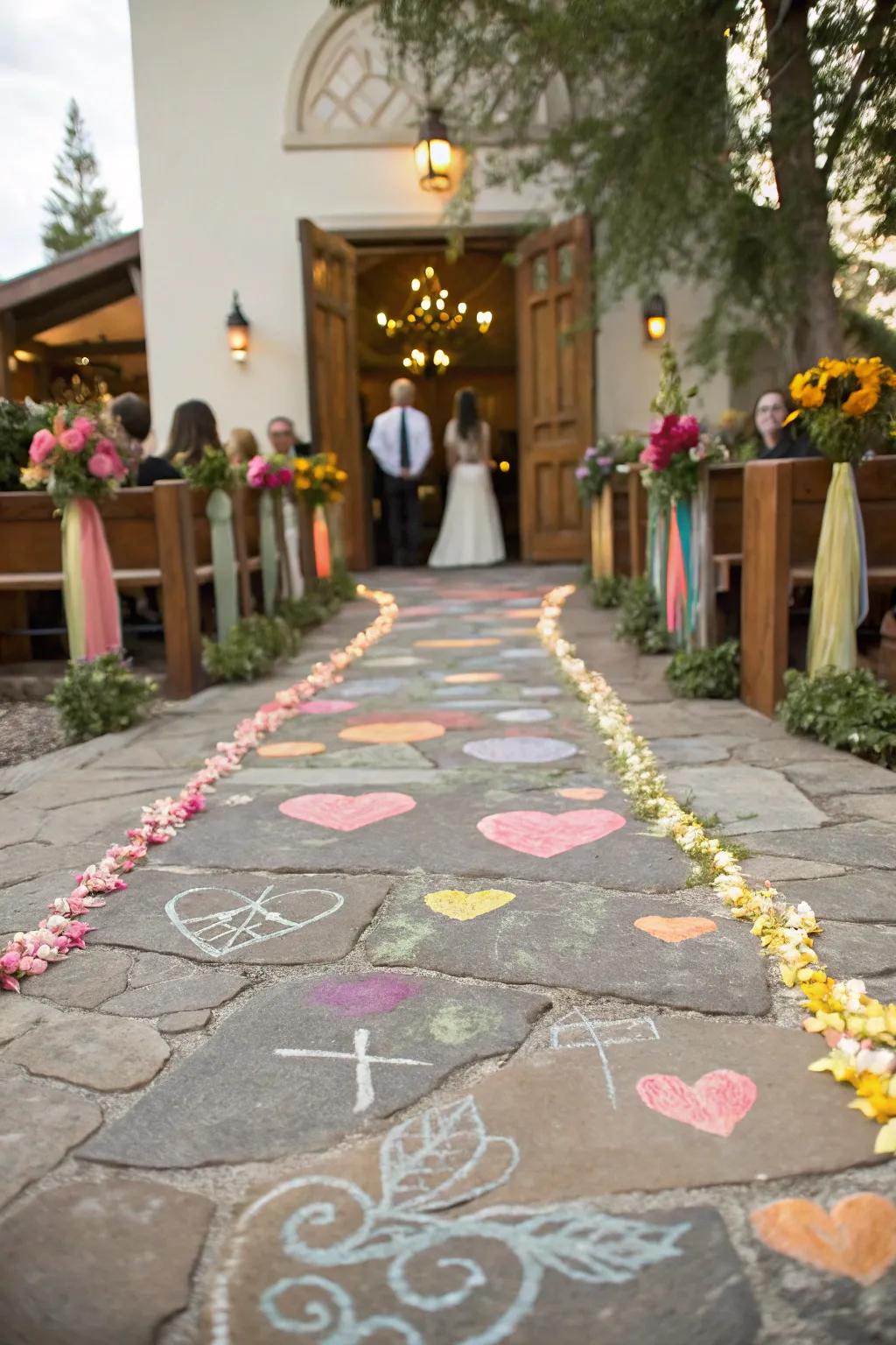A whimsical aisle featuring bright chalk artwork for a playful accent.