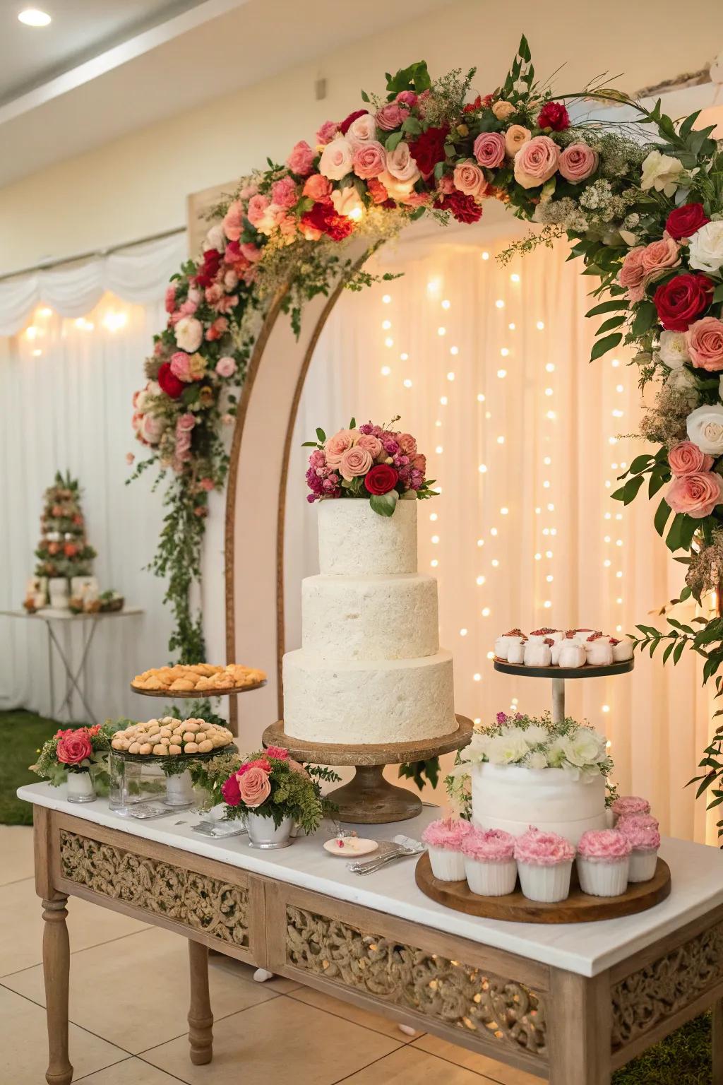 A themed background beautifully framing the wedding cake showcase.