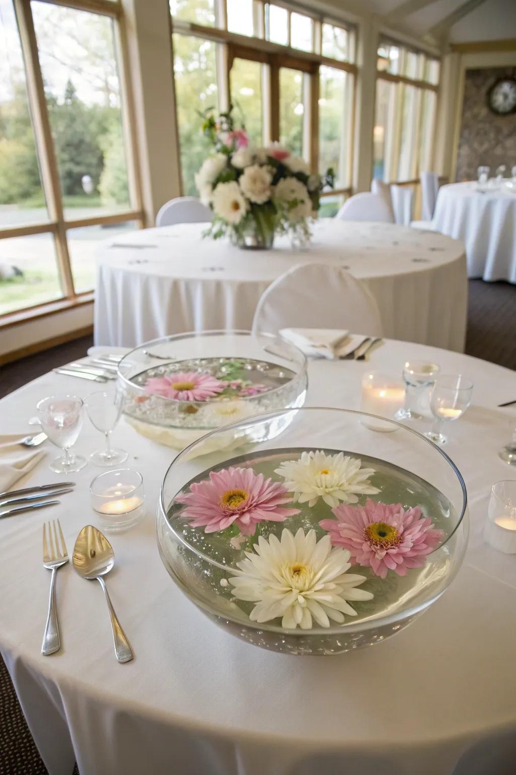 Floating blooms create a calming, elegant centerpiece.