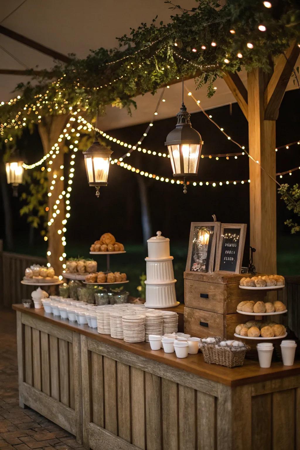 Refined luminescence accents at a wedding coffee gathering.