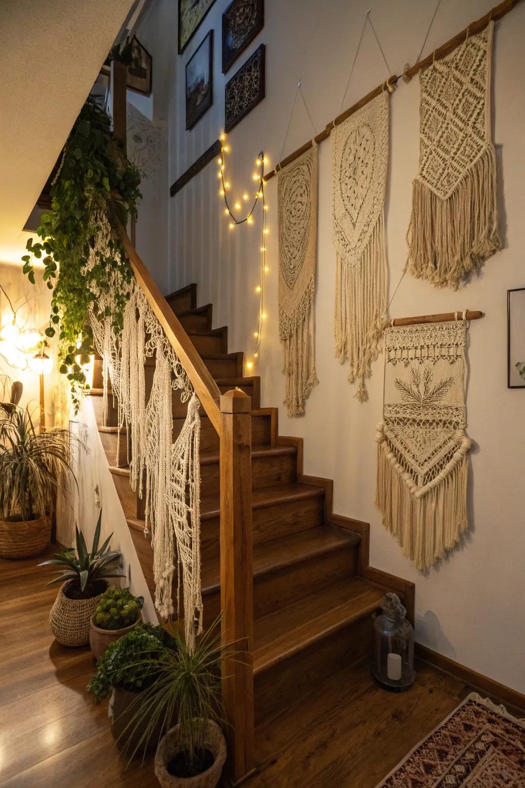 Free-spirited elements contribute a laid-back and eclectic vibe to this stairway.
