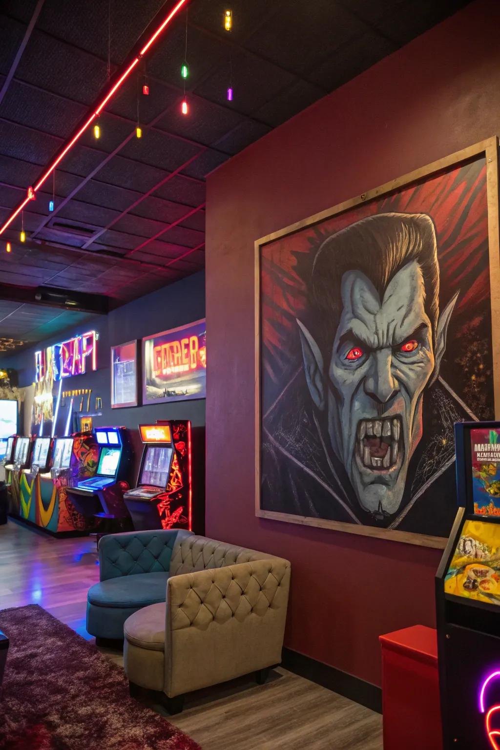 A monstrous face adding a vibrant touch to a game room.