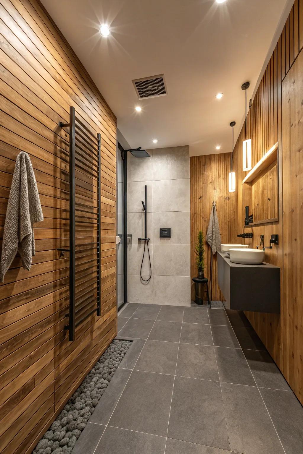 Wood paneling adds a snug, Scandi touch to the wet room.
