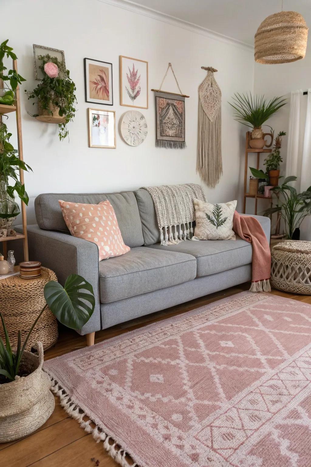 Pink clay rugs create a boho chic and relaxed vibe.