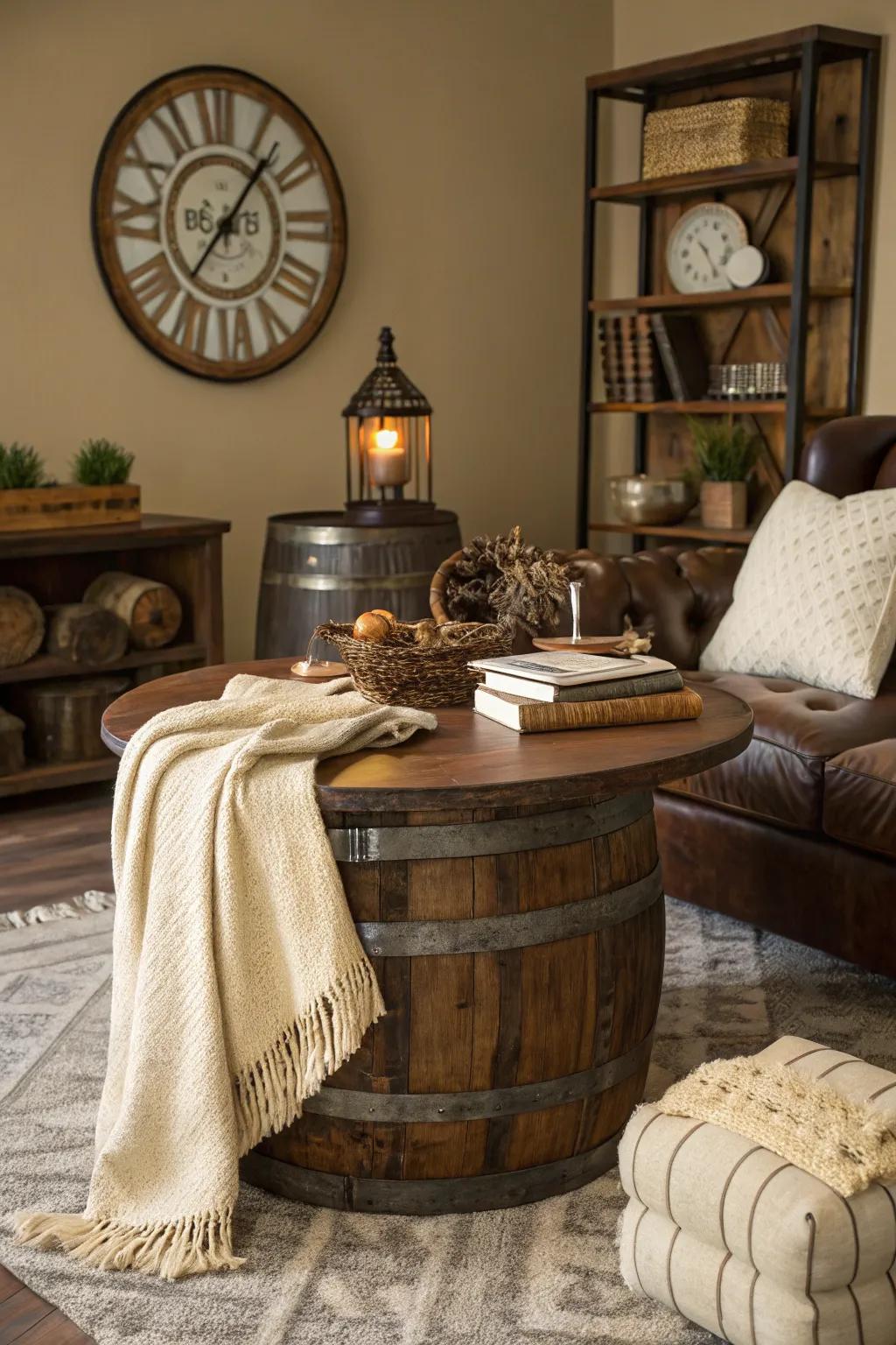 Inject a countryside feel within your lounge by featuring an ale cask center surface, projecting charm.