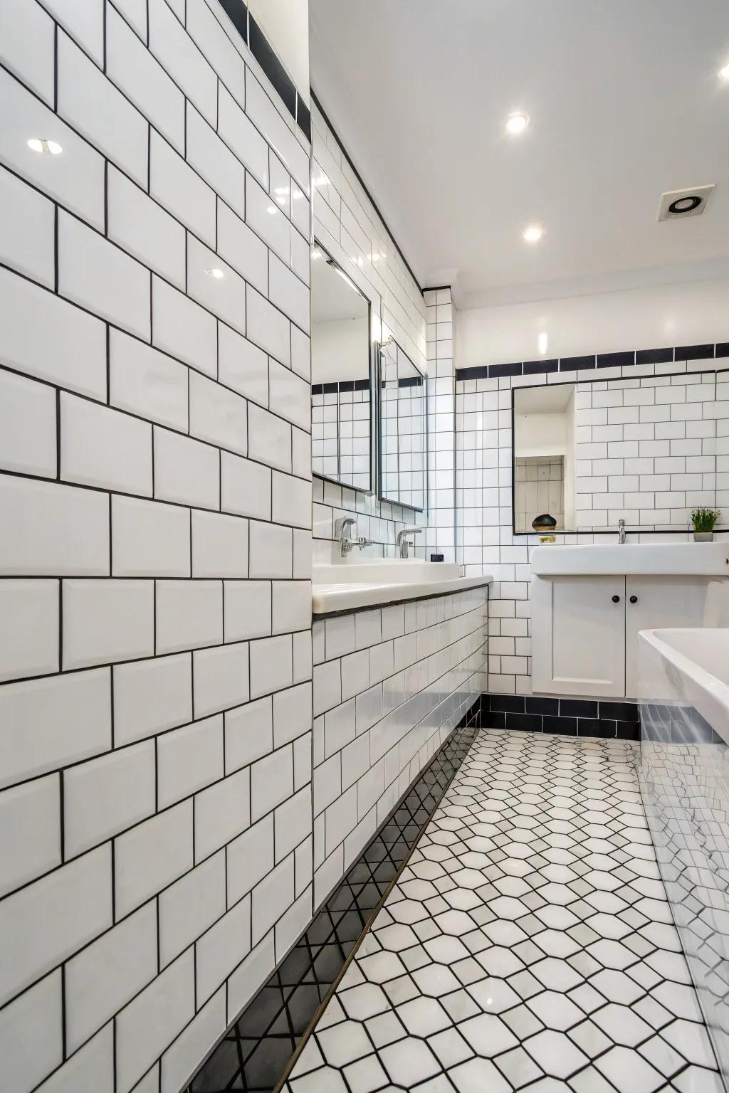 Bold grout adds contrast and character to white tiles.