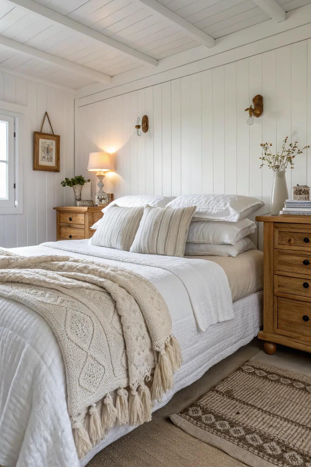 Layered bedding contributes opulence and comfort to a white bedroom.