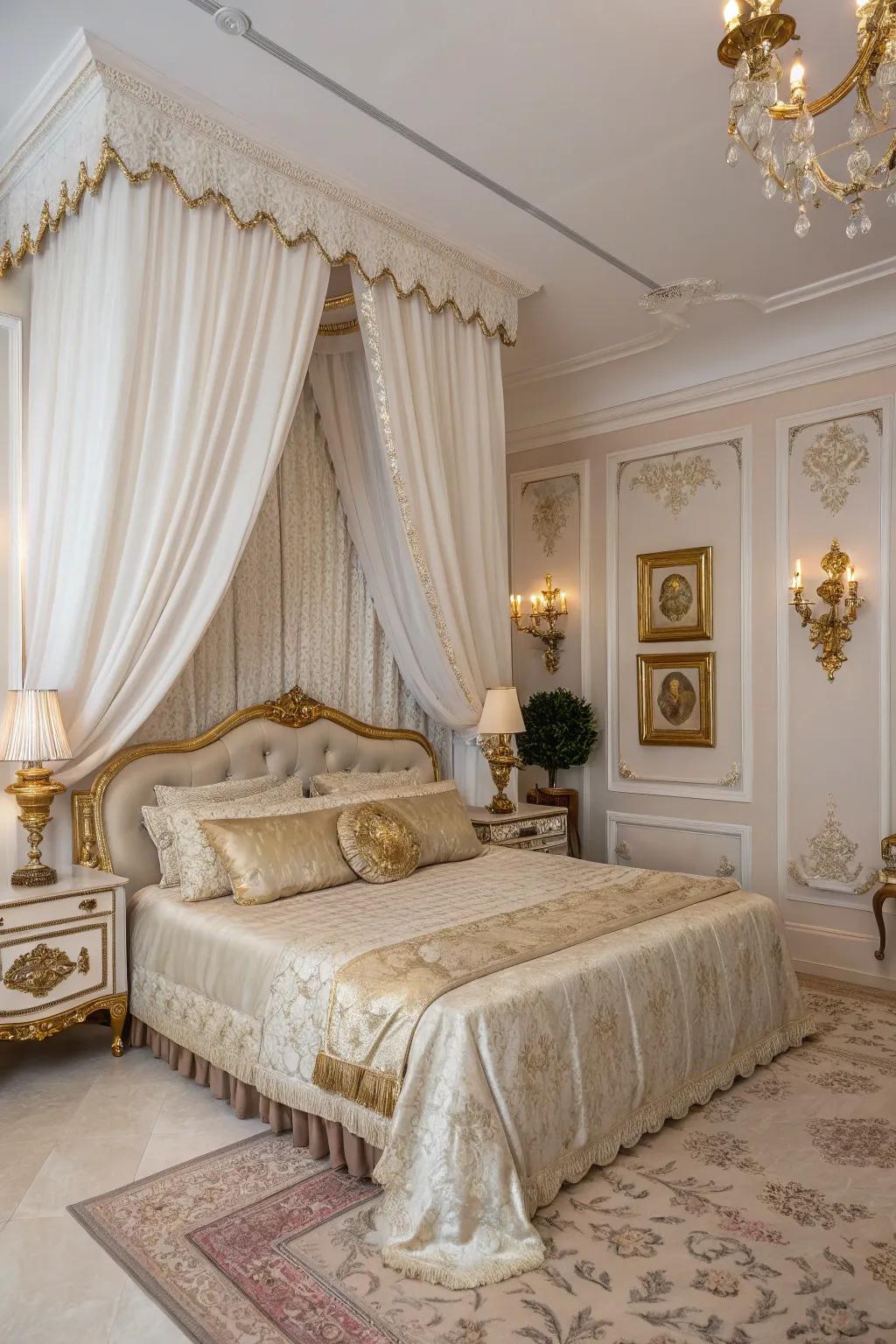 Pale velvet drapes contribute a luxurious element to this bedroom.