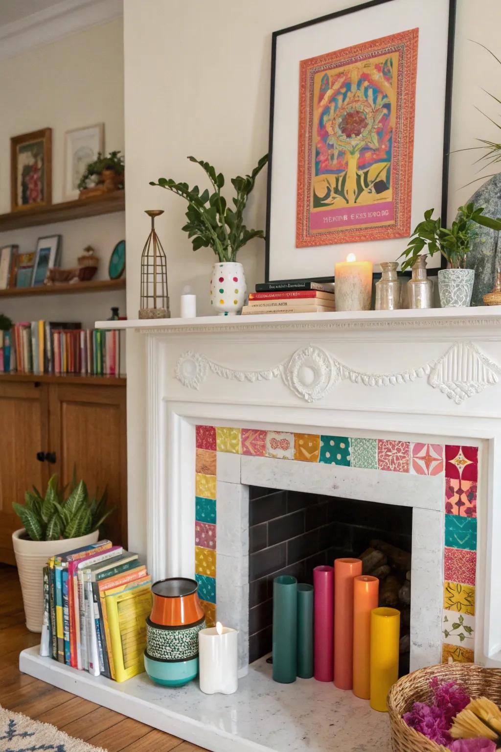 An eclectic mix of decor items injects a personal touch into a white firebox.