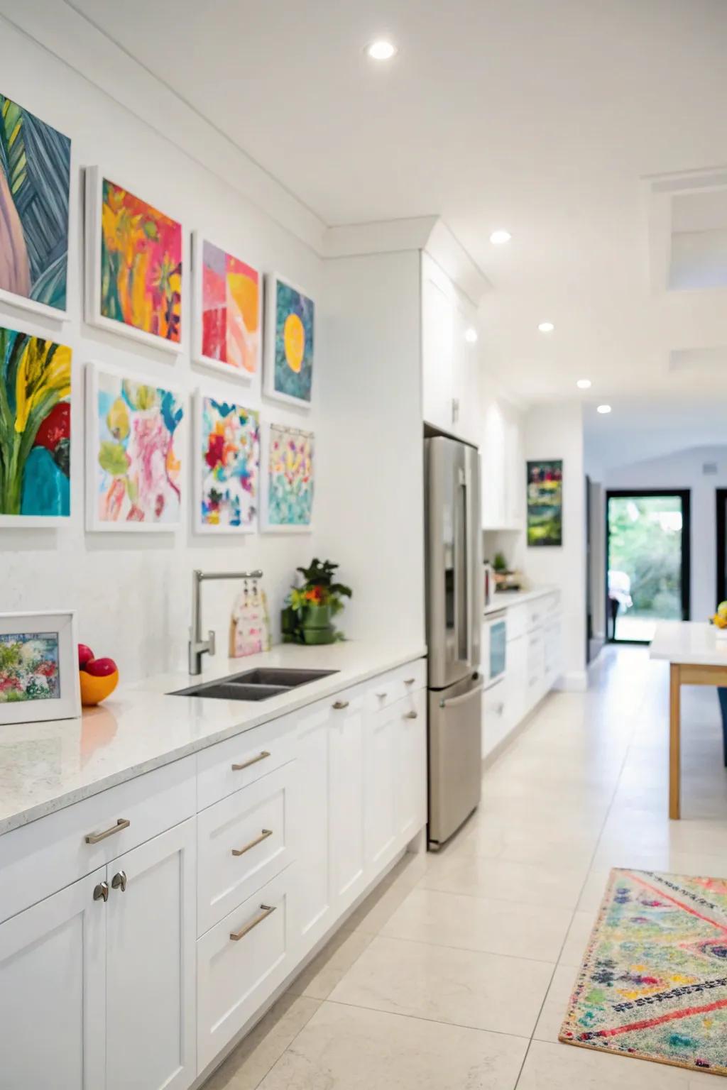 Bright art pieces customize the white kitchen area.