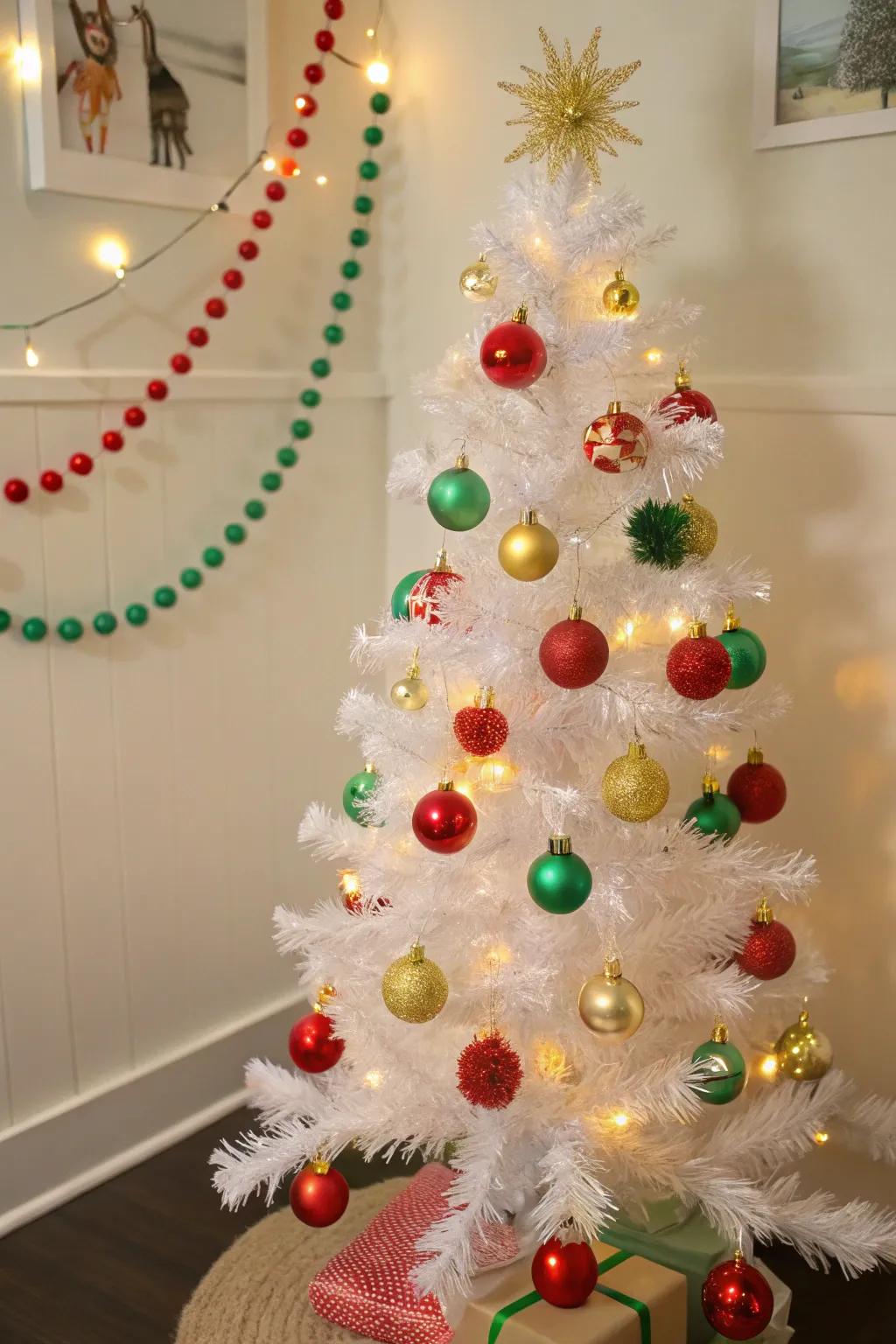 A celebratory festival-themed white pencil tree showcasing vibrant and chromatic decorations.