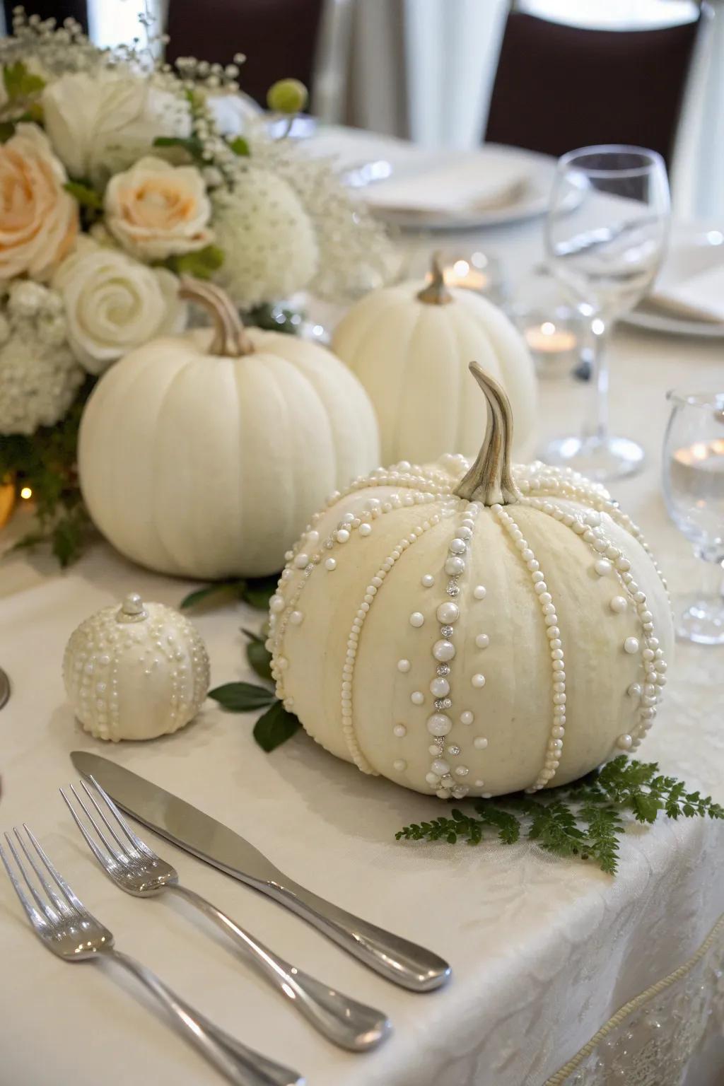 Pumpkins adorned with beads for a hint of opulence.