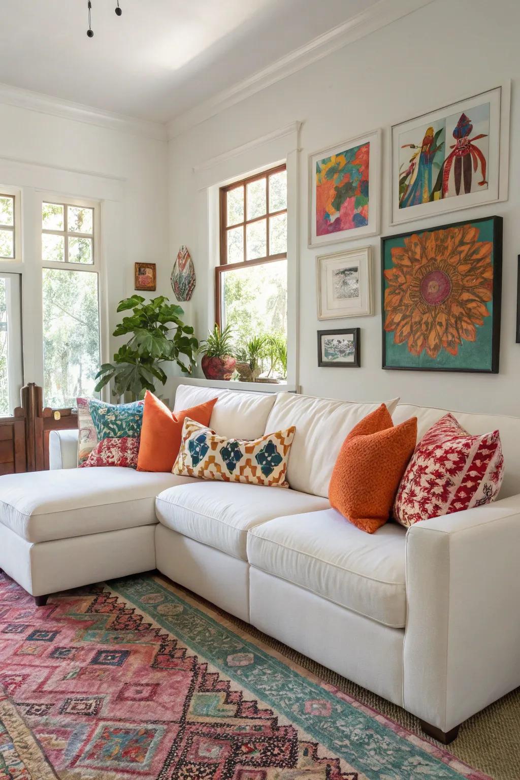 Striking shades bring vibrant energy to a living room featuring a white sectional.