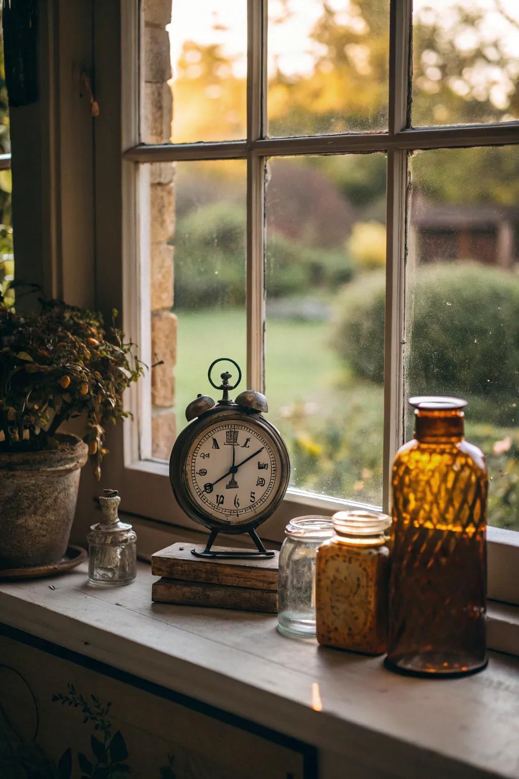 Vintage decor items infusing a sense of nostalgia on a window sill.