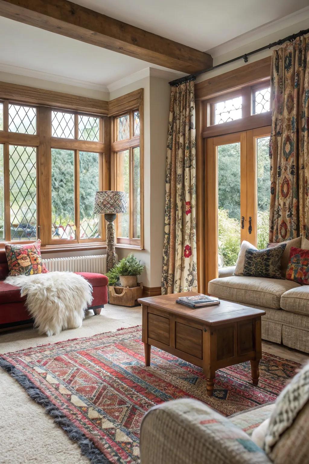 Combining textures adds depth and intrigue to casement windows.