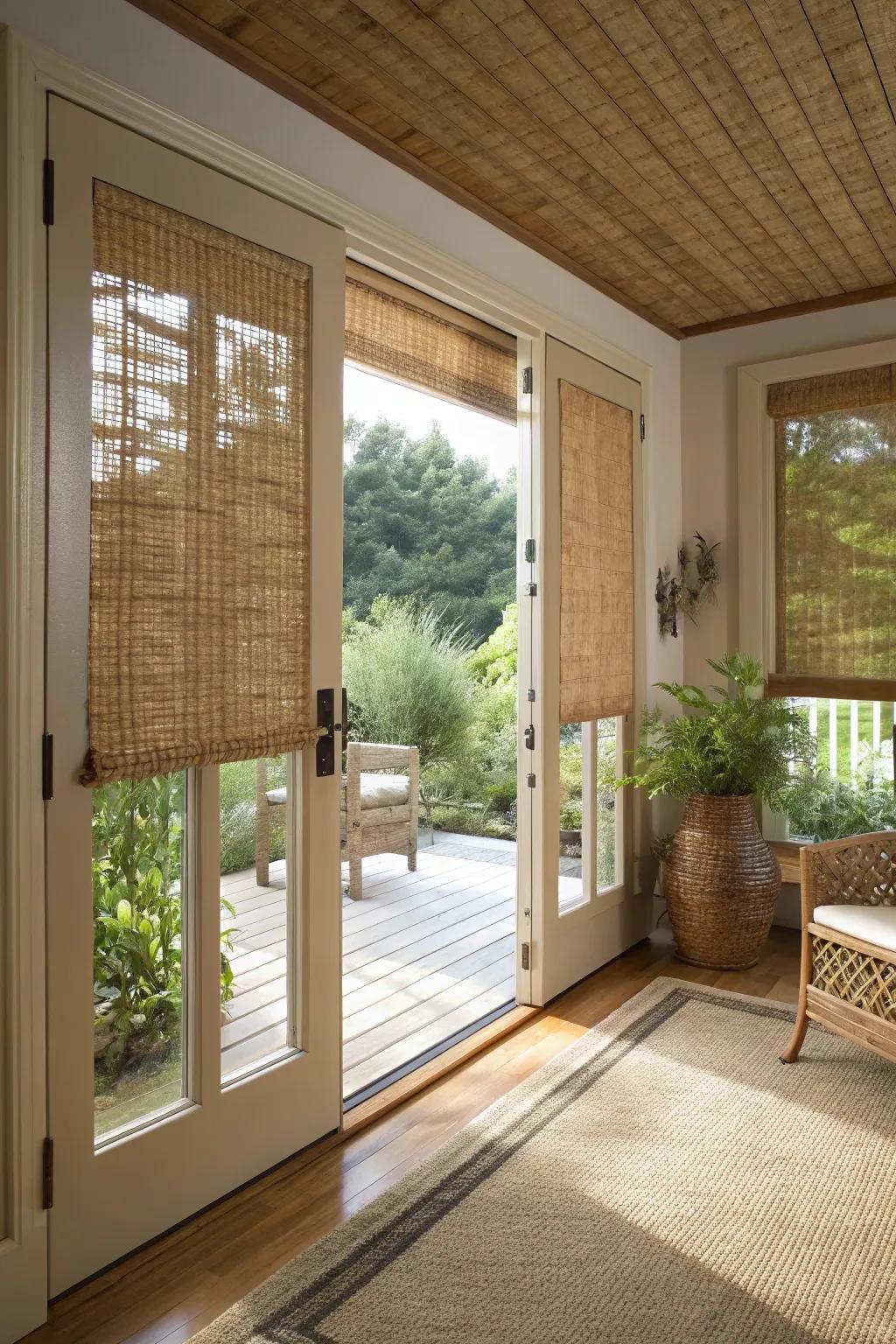 Woven wood screens add texture and natural warmth.