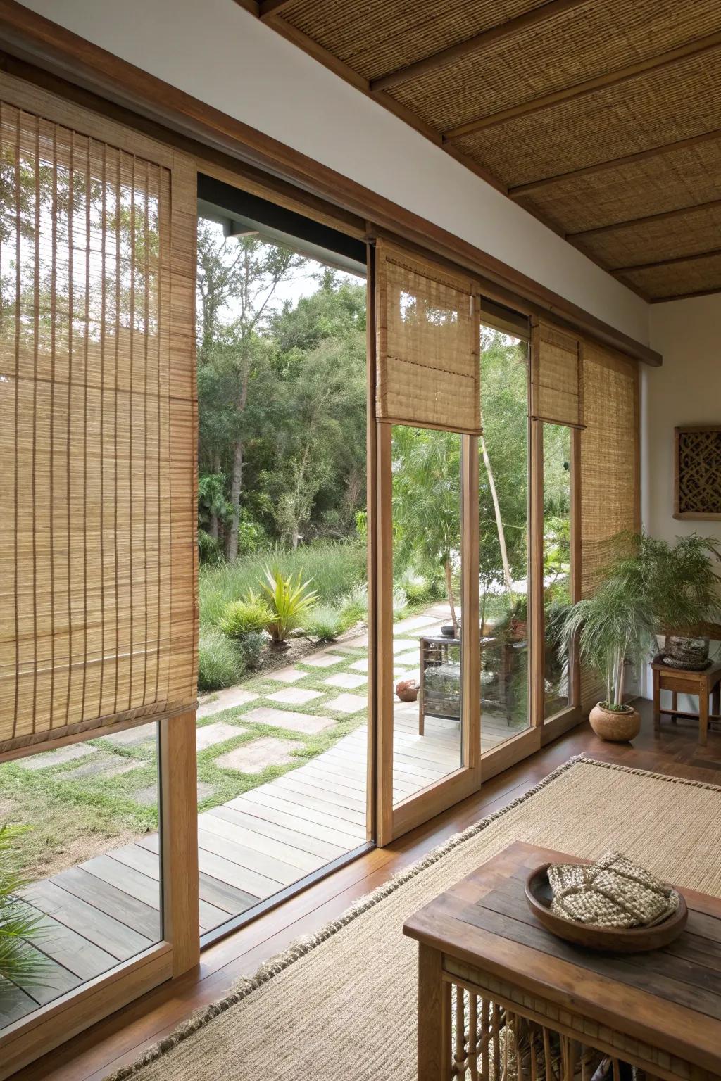 Woven timber shades provide eco-friendly style and texture.