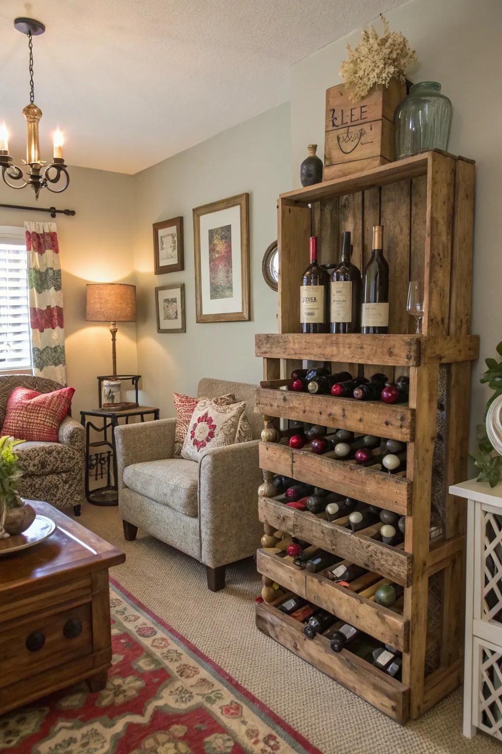 A DIY wine rack made from pallet wood adding character.