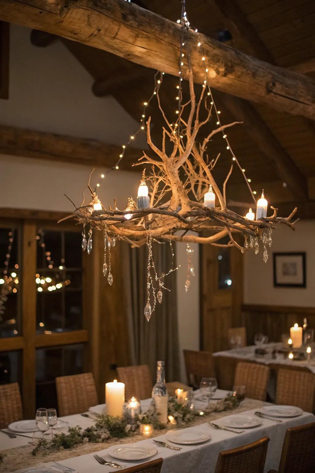 A branch lighting feature with fairy lights casts an ethereal shimmer.