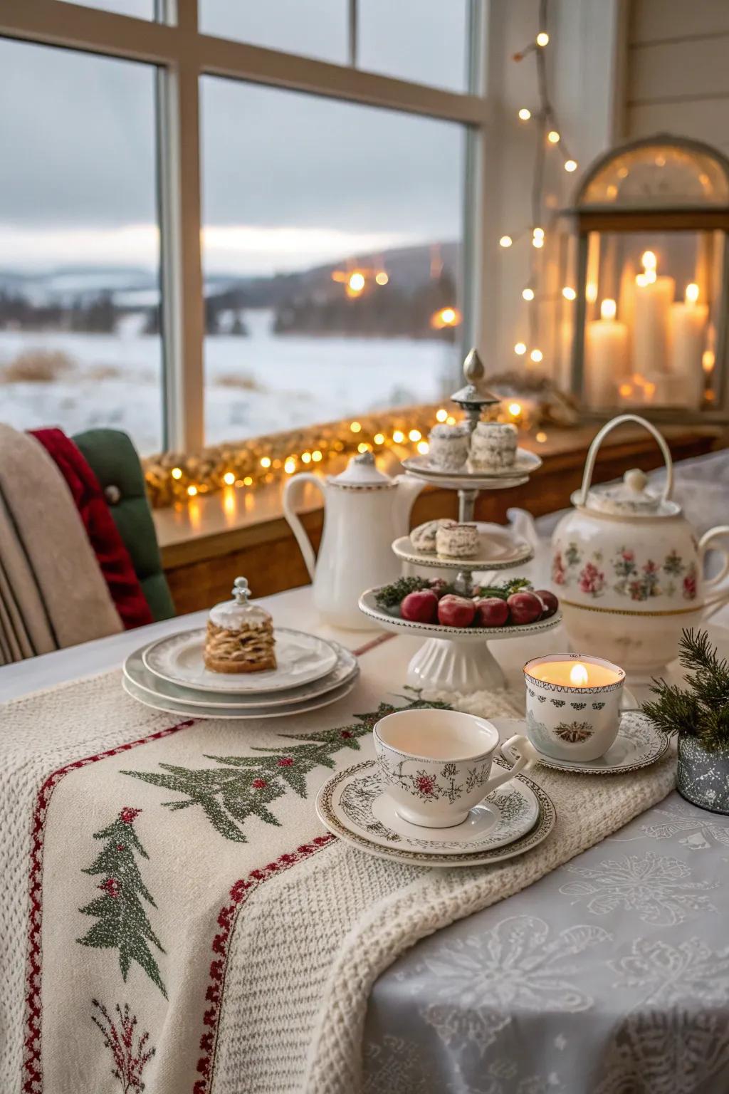 Enjoy a stylish winter tea party with elegant settings.