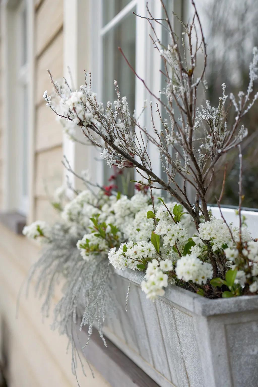 White blossoms and frosted branches create a serene winter window box.