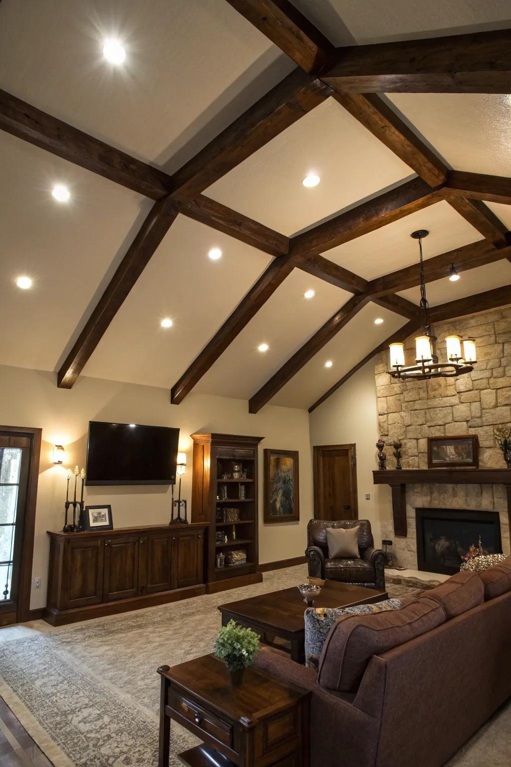 A dramatic living area showcasing daring deep wooden beams.