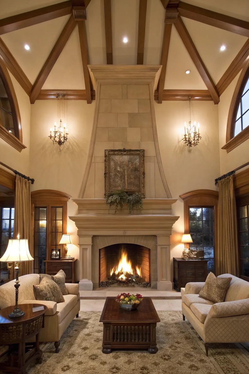 Impressive elevated ceilings featuring an extended fireplace.