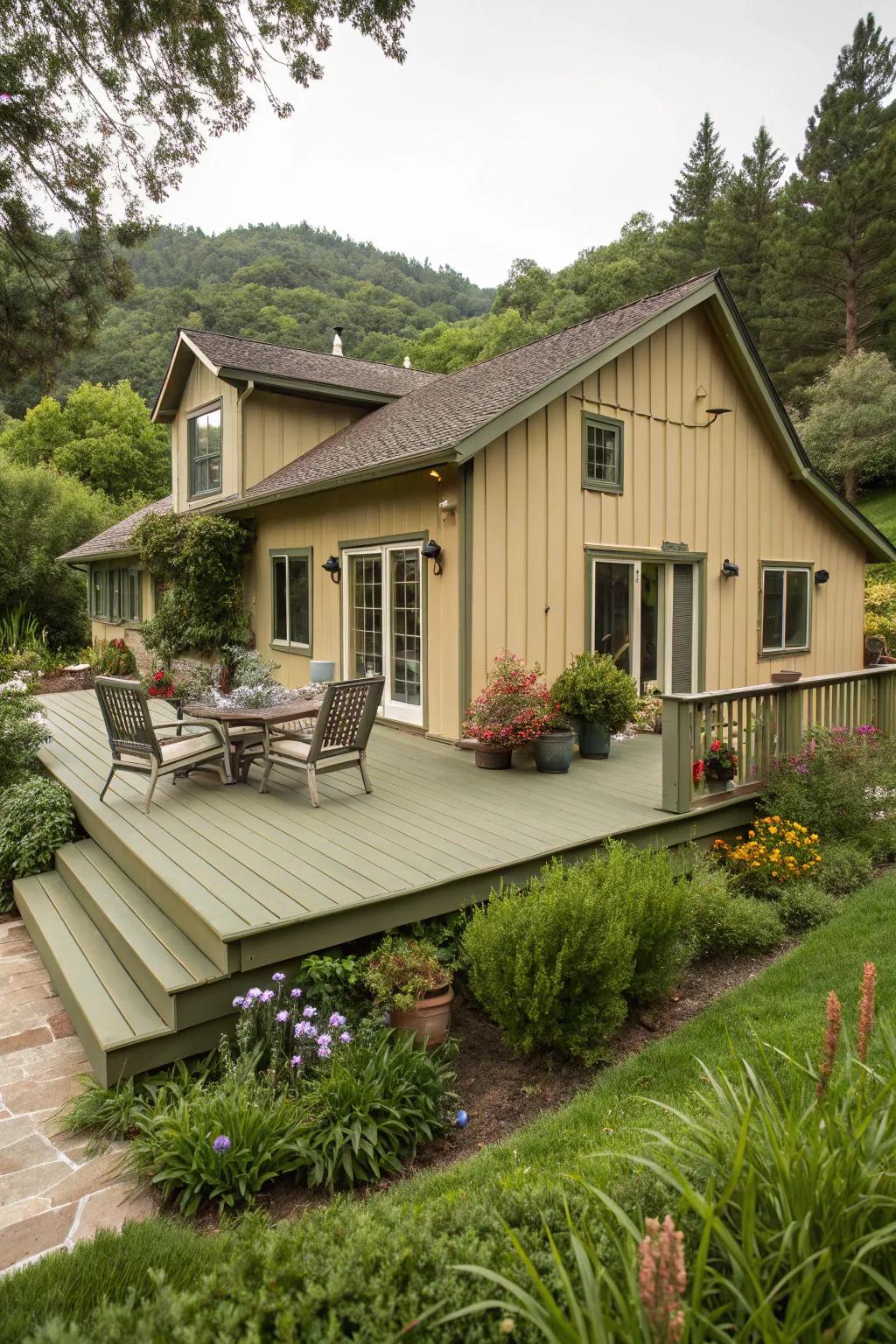 Olive green decking blends seamlessly with nature, complementing a tan house beautifully.