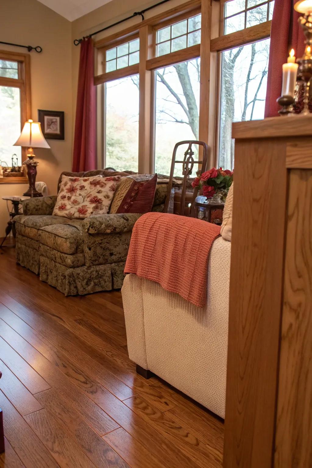 An inviting living space enhanced by warm flame oak flooring.