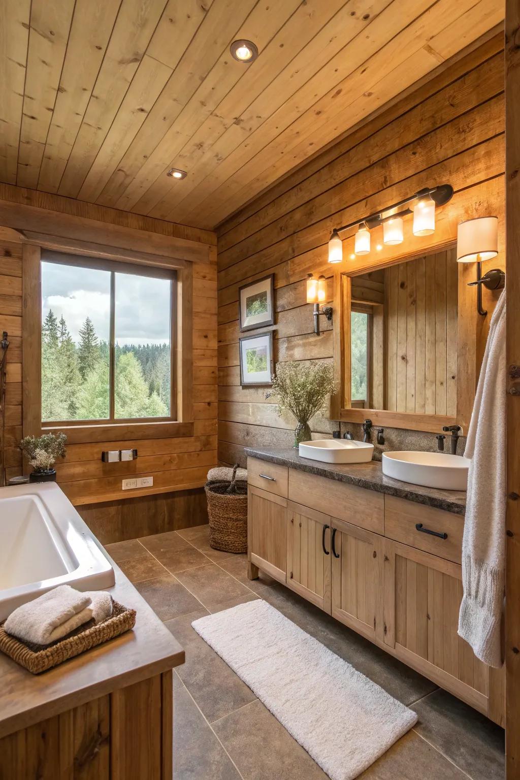 Natural colors grow the warmth of wood walls in this bathroom.