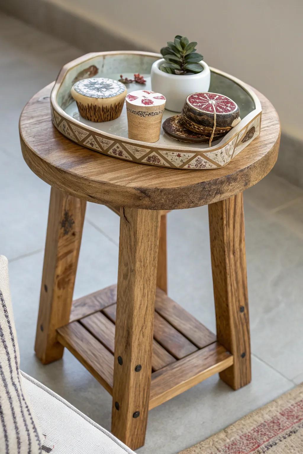 A multipurpose wood stool is used to make a useful side table.