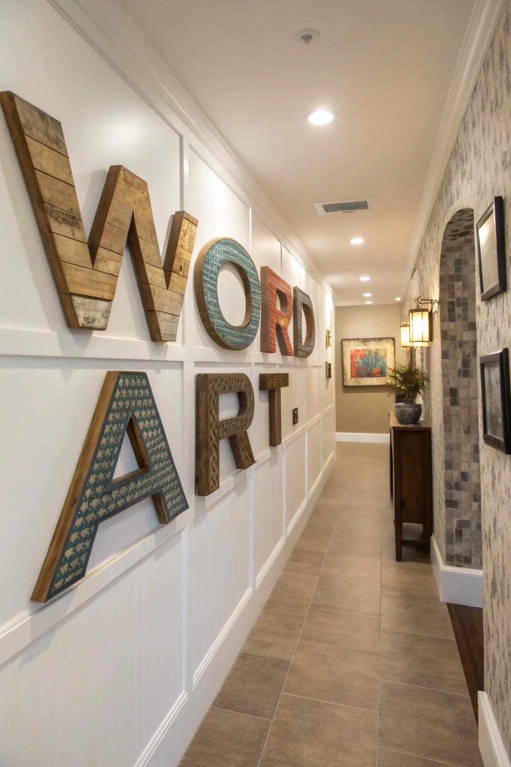 Textured word art adds depth to your decor.