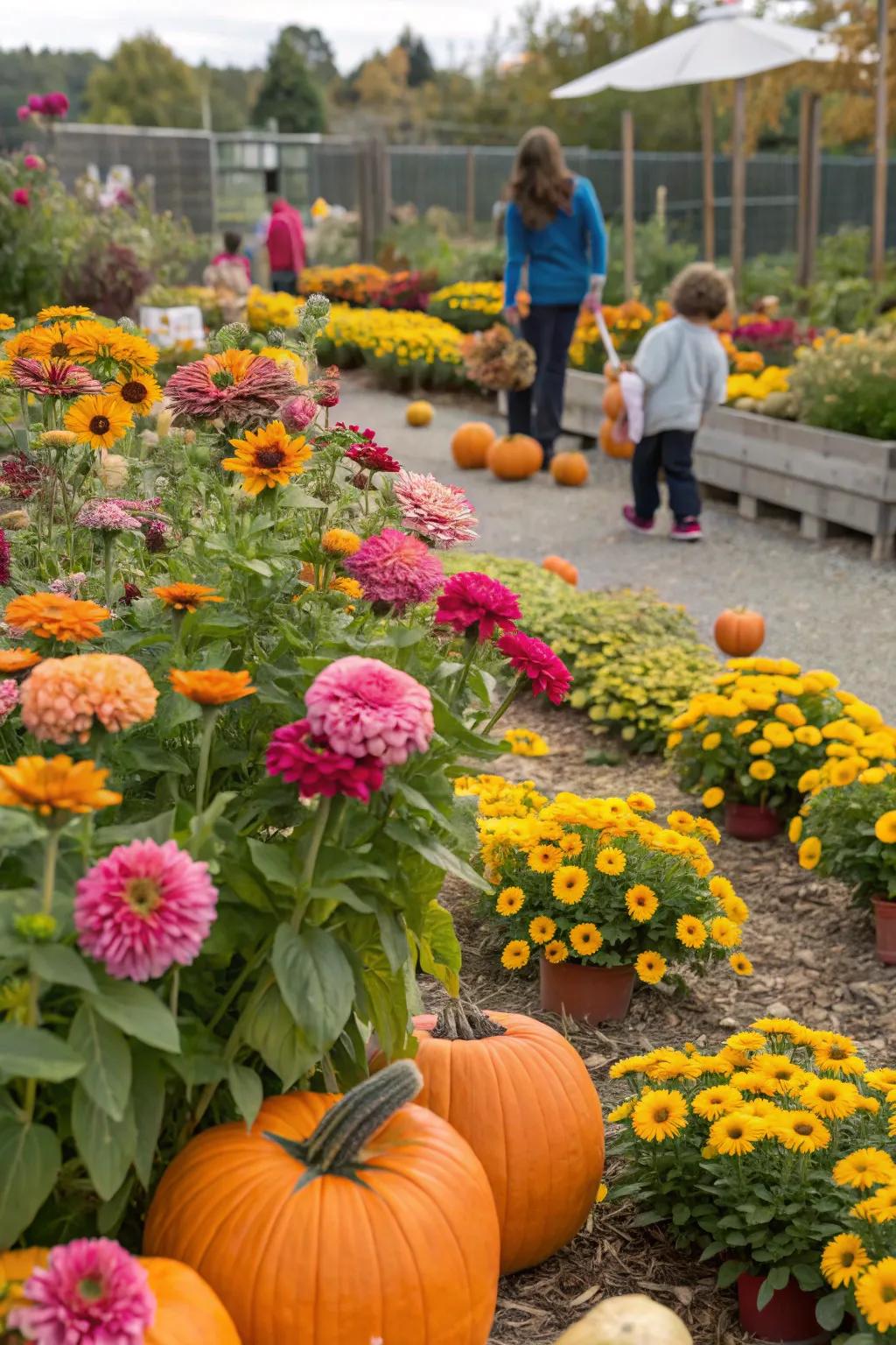 An amusing children's garden, displaying Glowblooms, majestic sunflowers, and plump pumpkins.