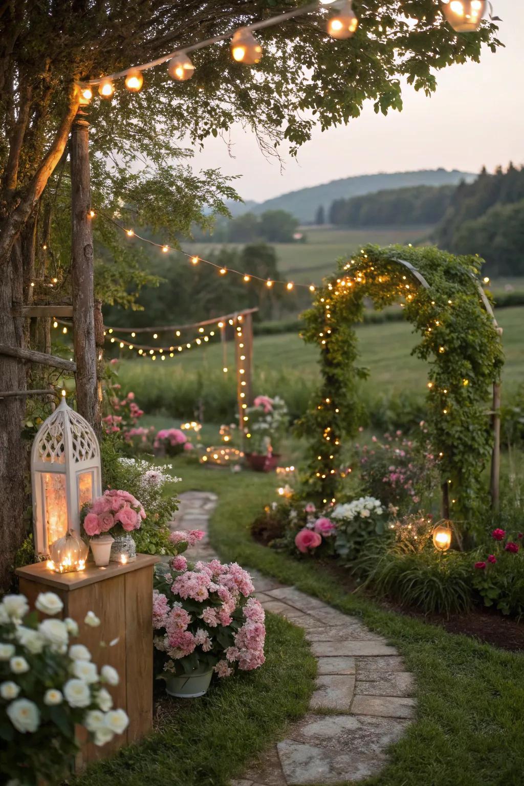 An enchanted garden party sparkling with fairy lights and magical components.