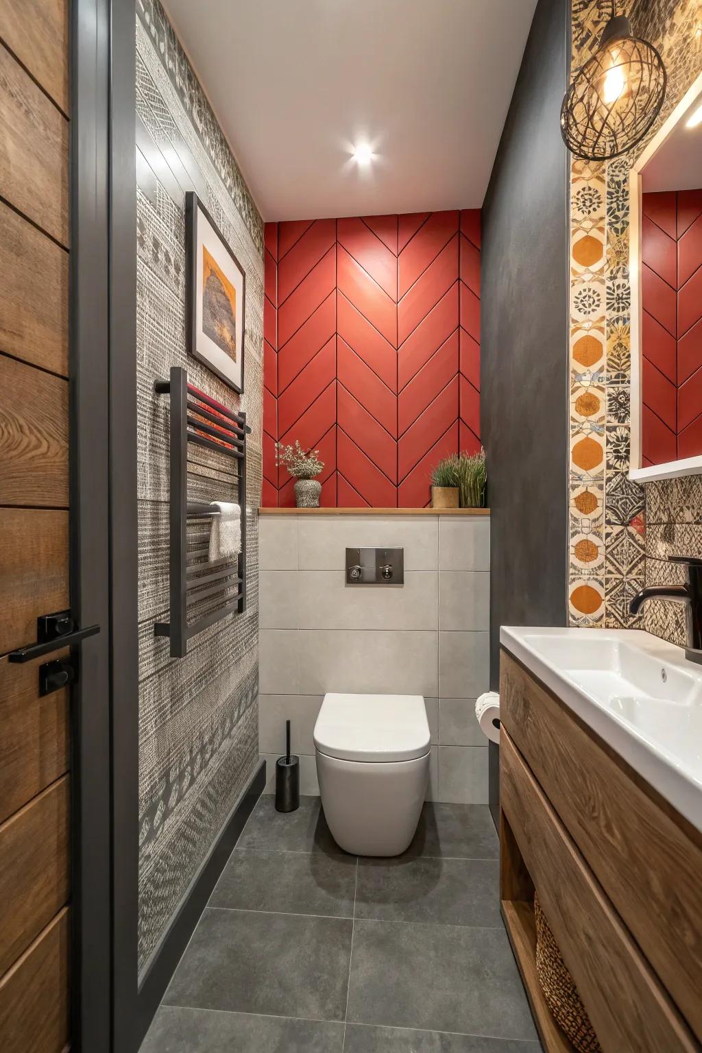 A vibrant feature wall creates a captivating focal point in the bathroom.
