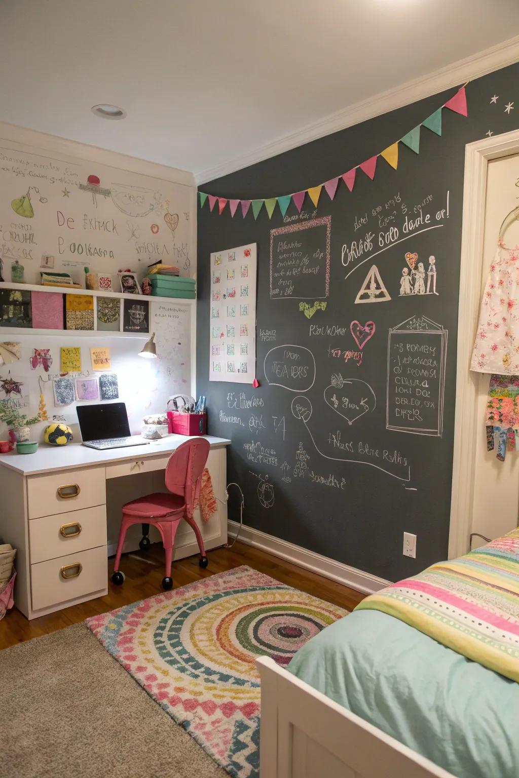 A chalkboard wall is perfect for creative expression and changing designs.