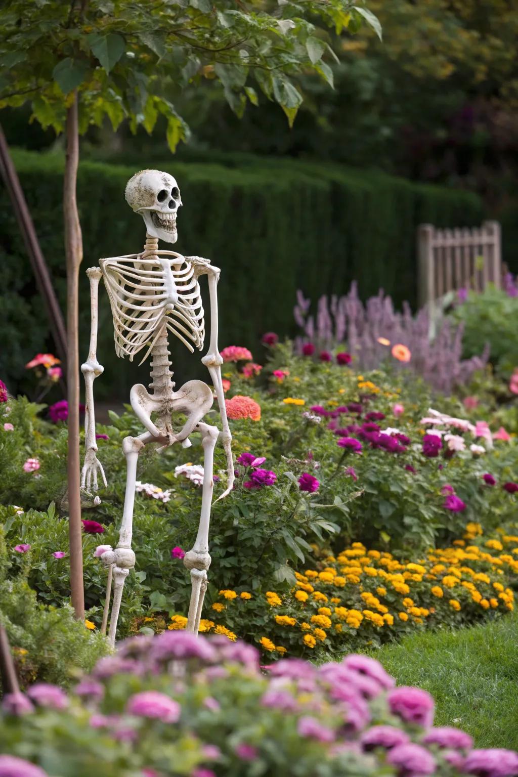 A skeleton within a flowering garden extends a distinctive visual contortion.