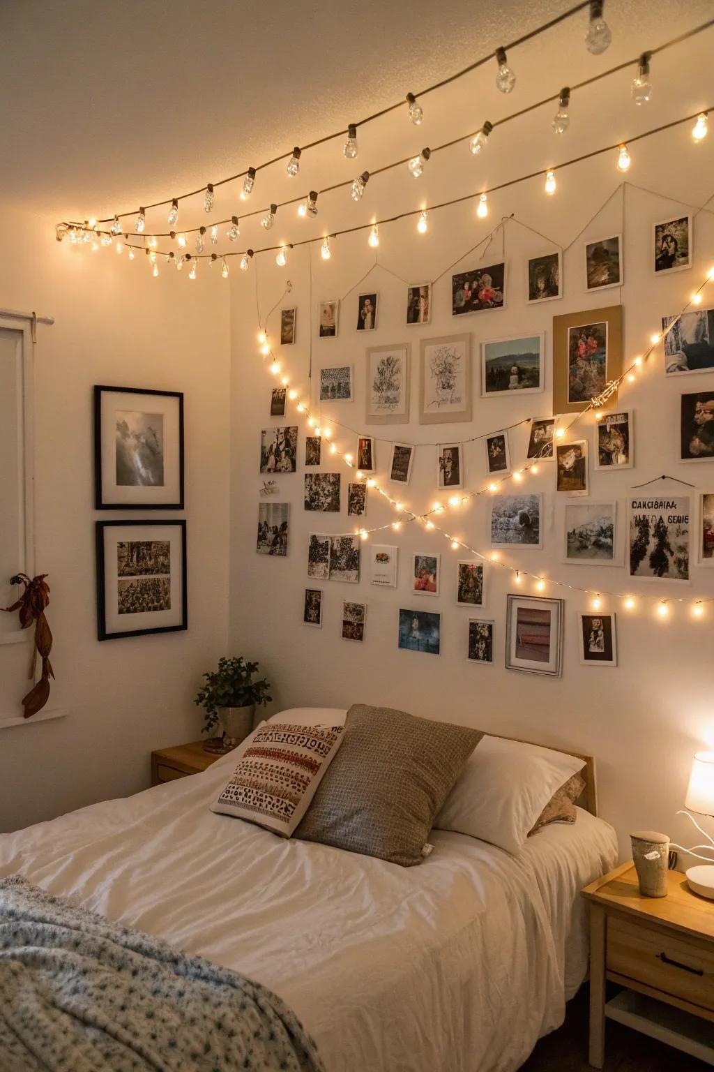 A gallery wall illuminated with LED clip lights showcases personal memories.