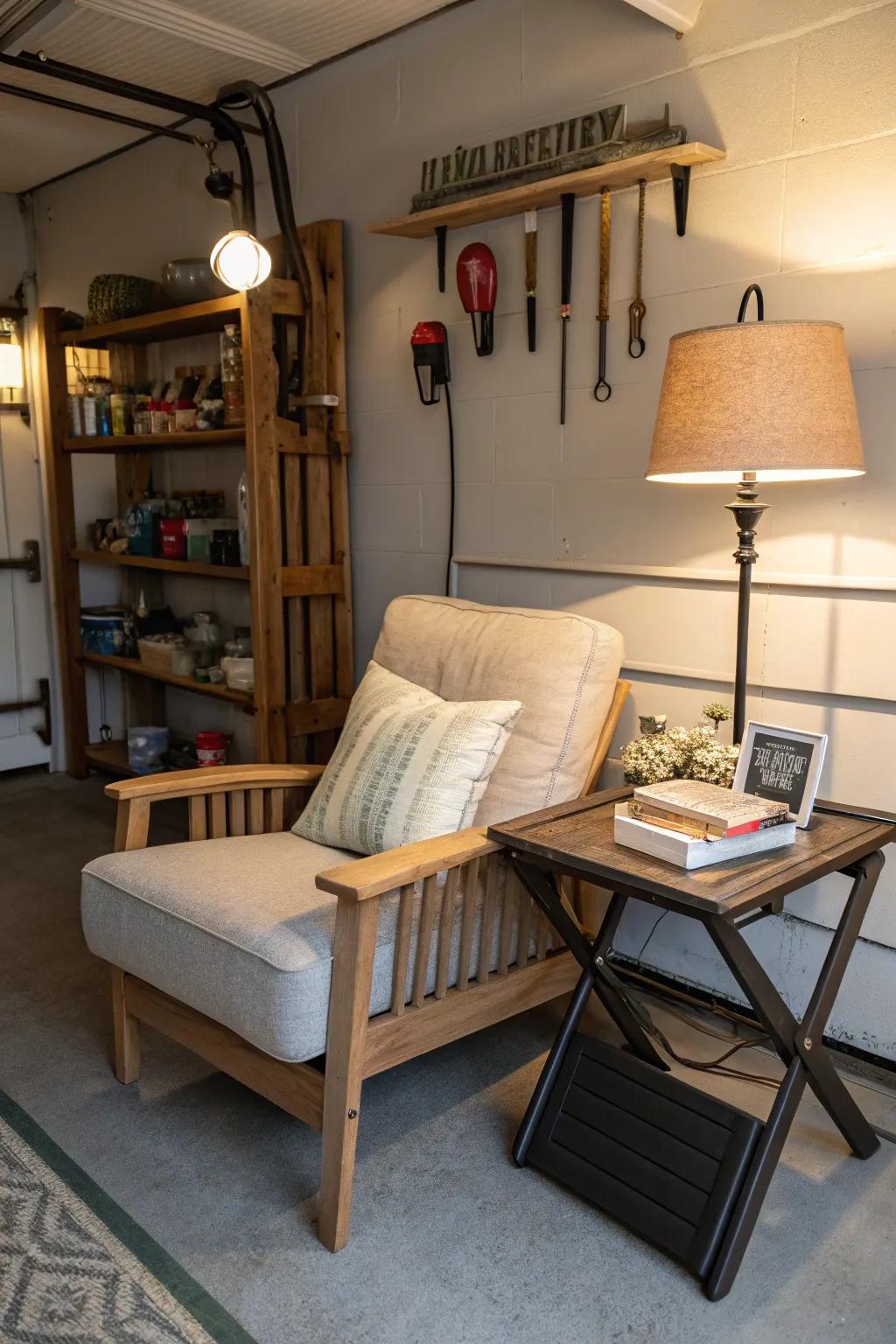 A quiet corner adds comfort and a personal touch to your garage.