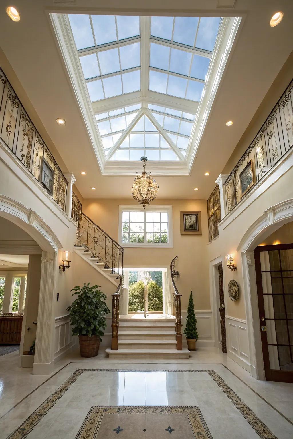 Skylights introduce natural light and enhance the entryway's airy sensation.