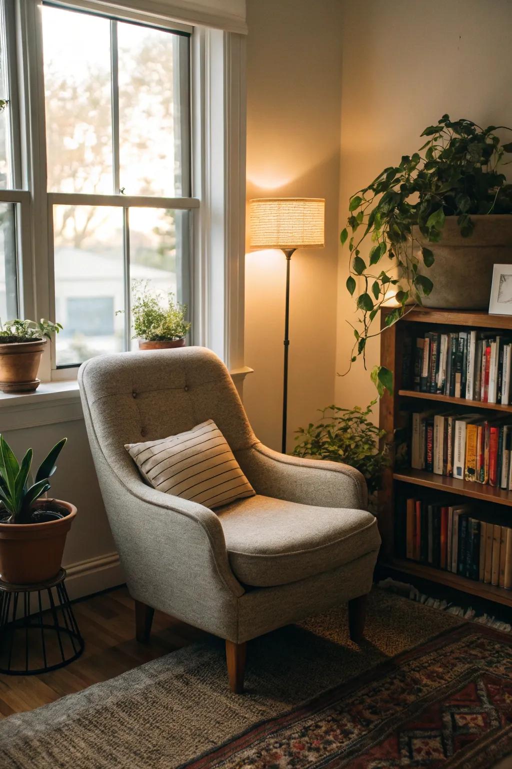 A perusing alcove serves as a personal hideaway for relaxation.