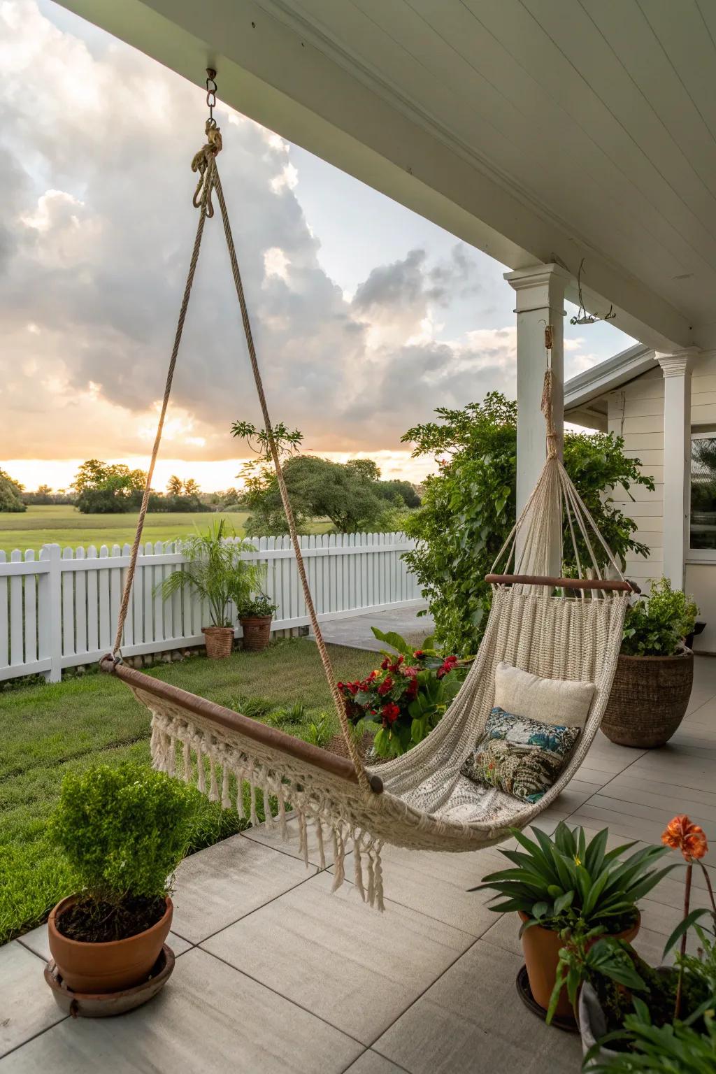 A snug swinging seat adding a sense of relaxation.
