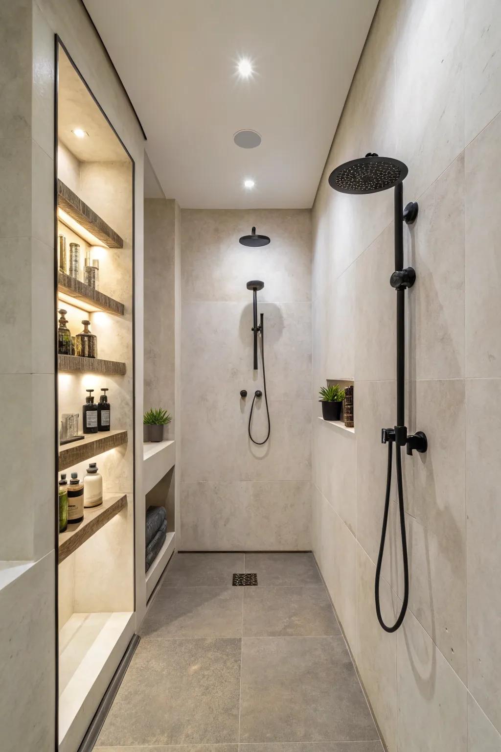 Attached faucets infuse a polished accent to compact showers.