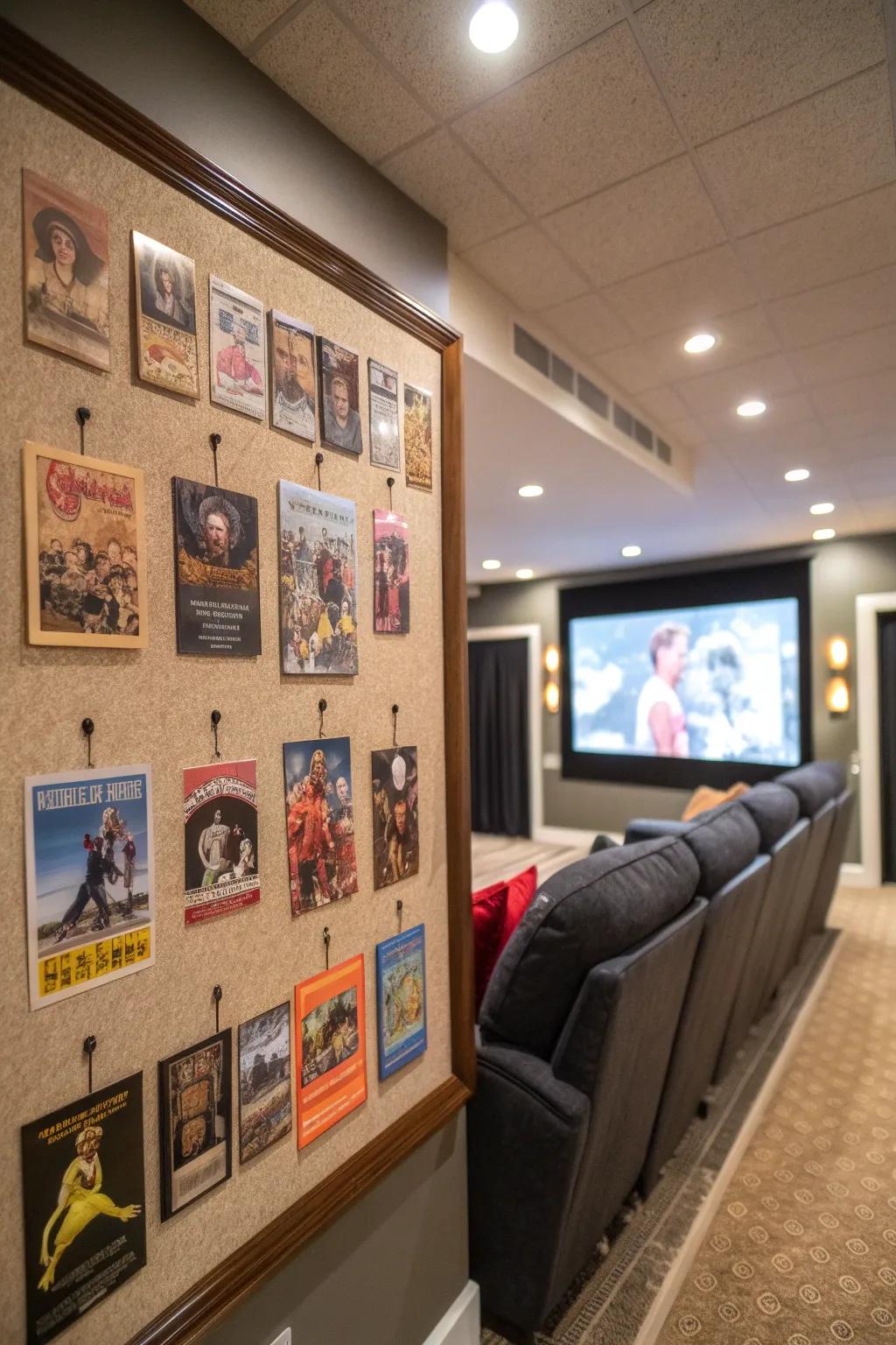 Timeless 80s motion picture posters gracing a pinboard in a home theater.