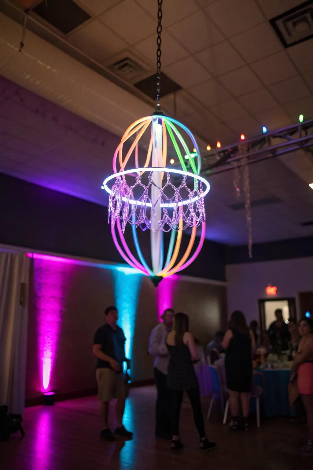 A glow stick chandelier lights up your party with vibrant colors.