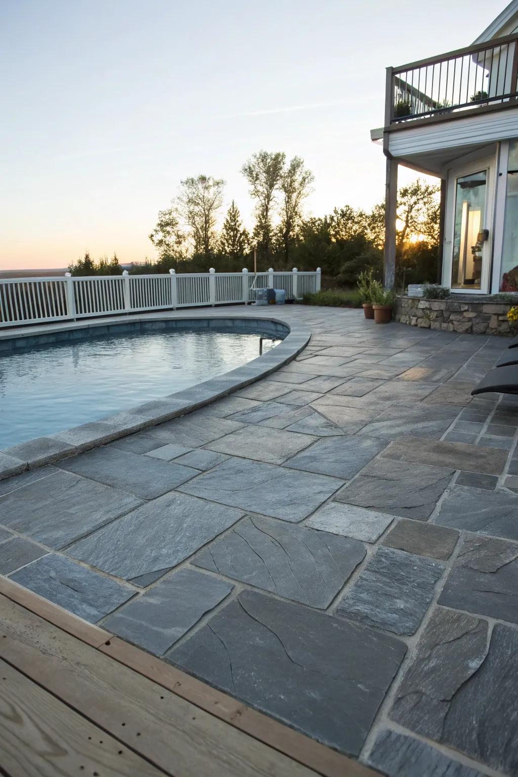 Stone surfaces provide sophistication and resilience for pool decks.
