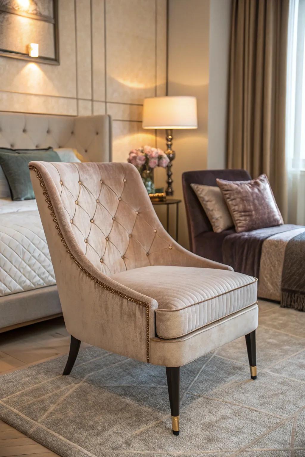 A velvet chair introduces an element of opulence to the bedroom.