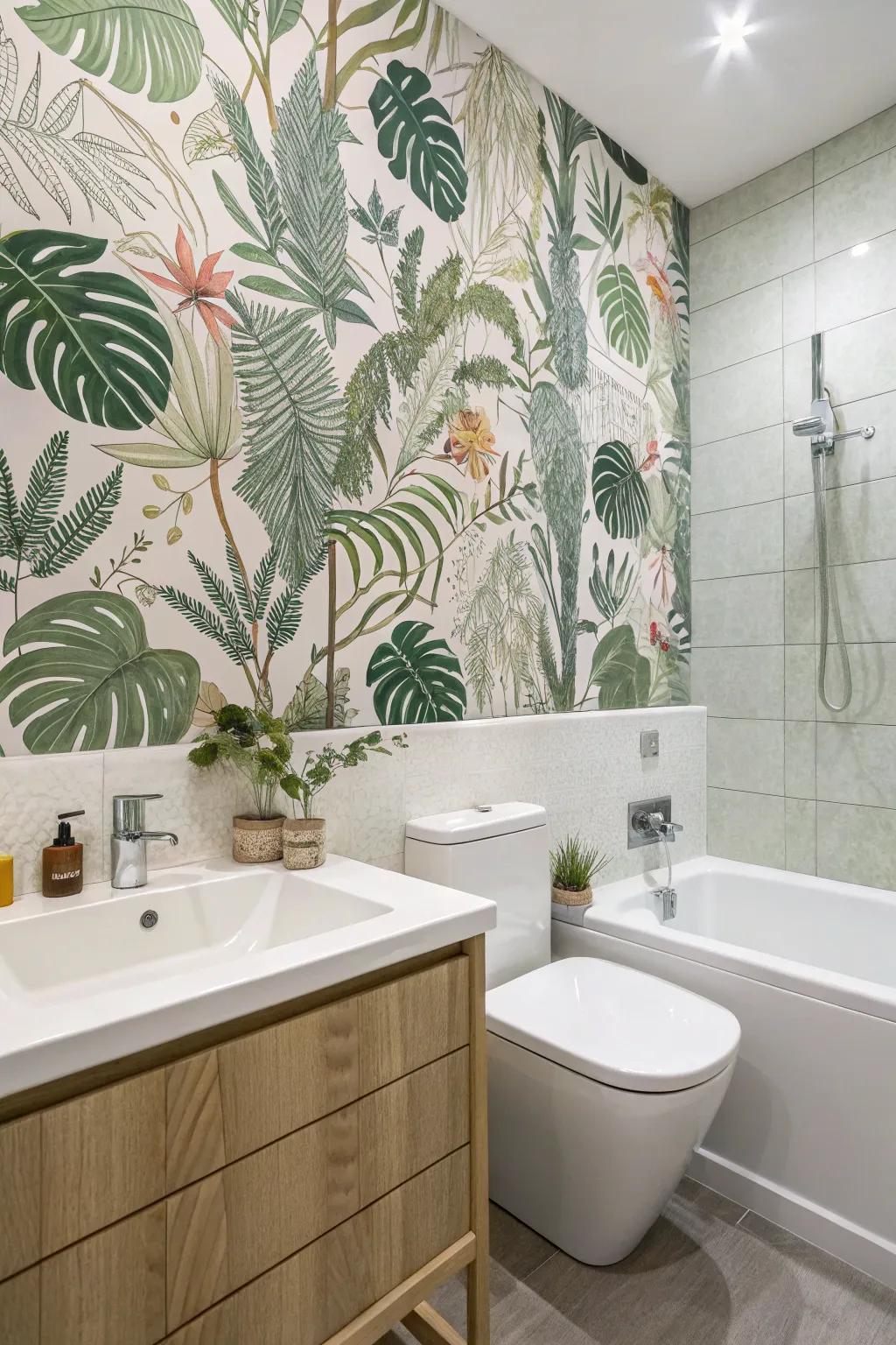 Botanical wallpaper brings a fresh, outdoor vibe indoors.